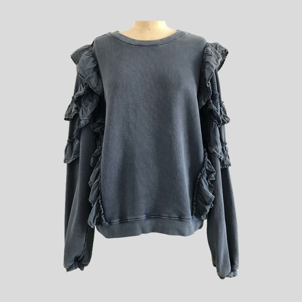 Tularosa Blue Ruffle Cotton Long Sleeve Sweatshirt Pullover Top Womens S